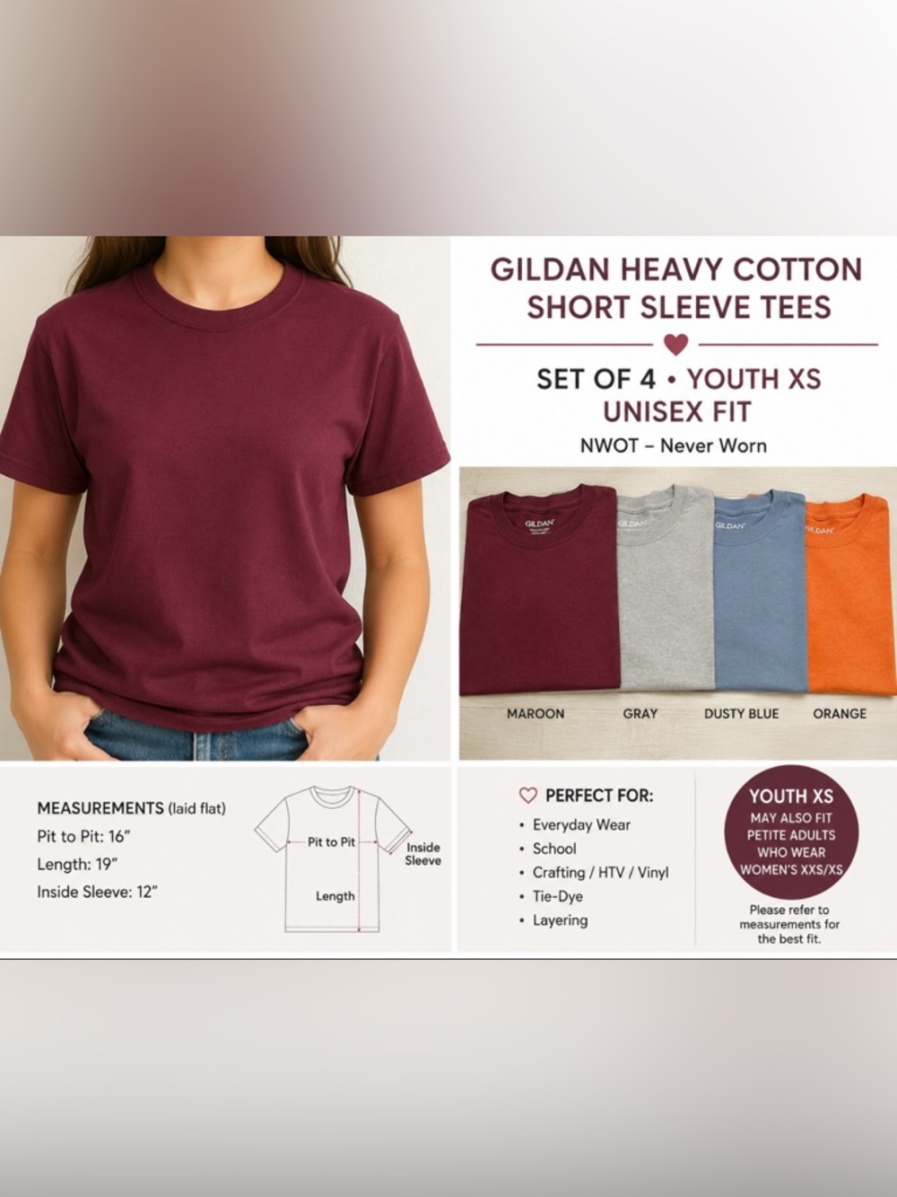 NWOT Gildan Heavy
Cotton Short Sleeve T-
Shirt Bundle | Set of 4
Youth XS